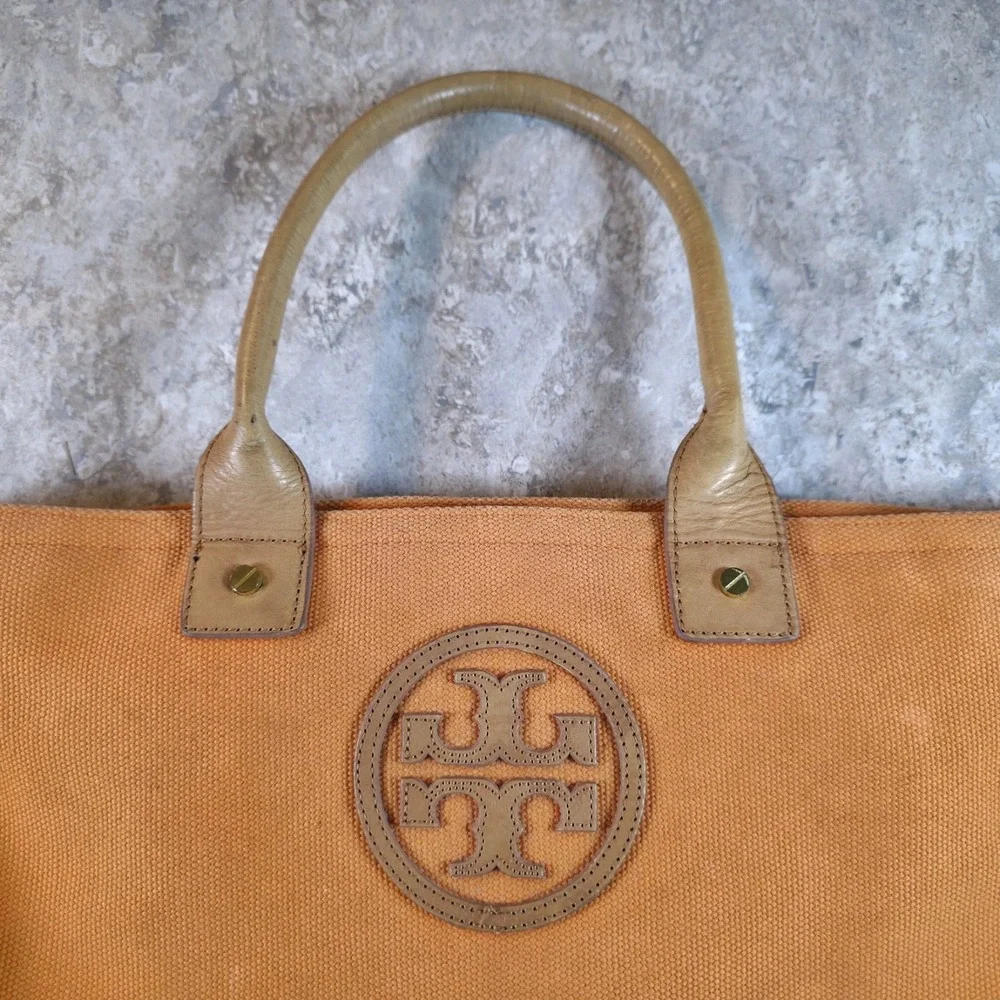 Tory Burch Rustic Fall Pumpkin Orange Canvas Leather Large Tote Bag Floral Lined